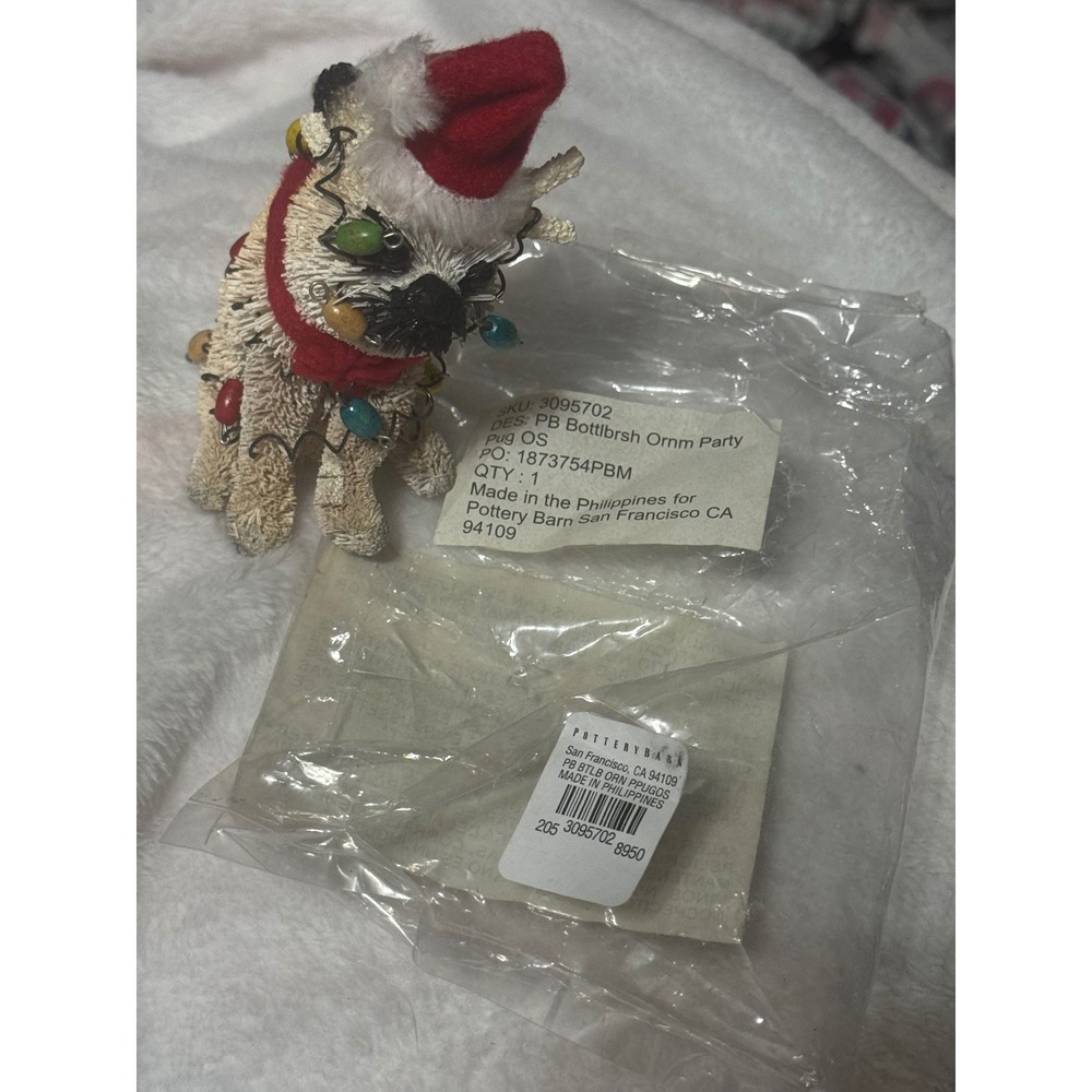 Pottery Barn Bottlebrush Party Pug Christmas Ornament Santa Hat Lights 3095702